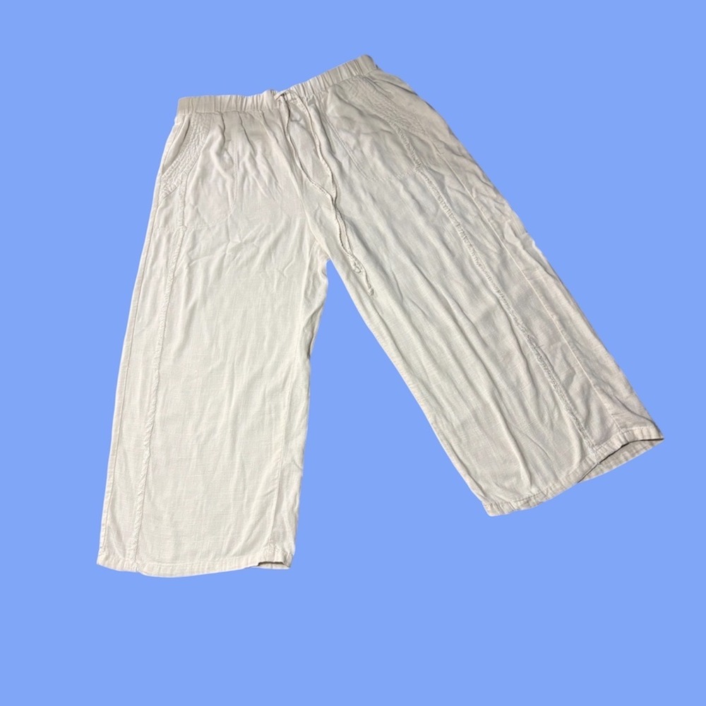 Umgee Wide Leg Crop Pants Women's Large Cream Linen Blend EUC Boho M5388‎